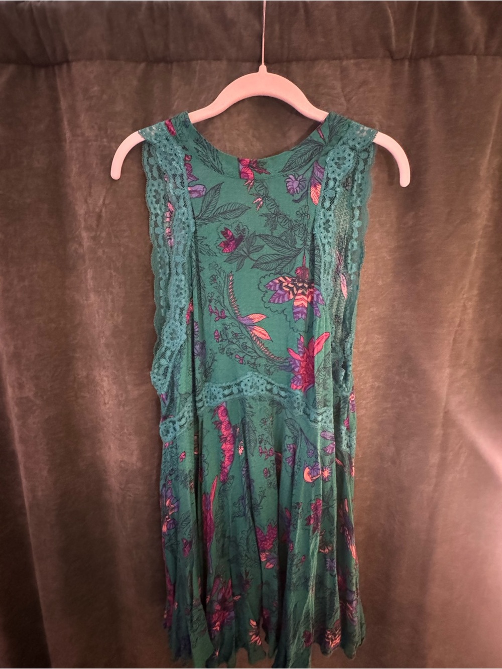 Teal Floral Lace-Trim Sleeveless Dress